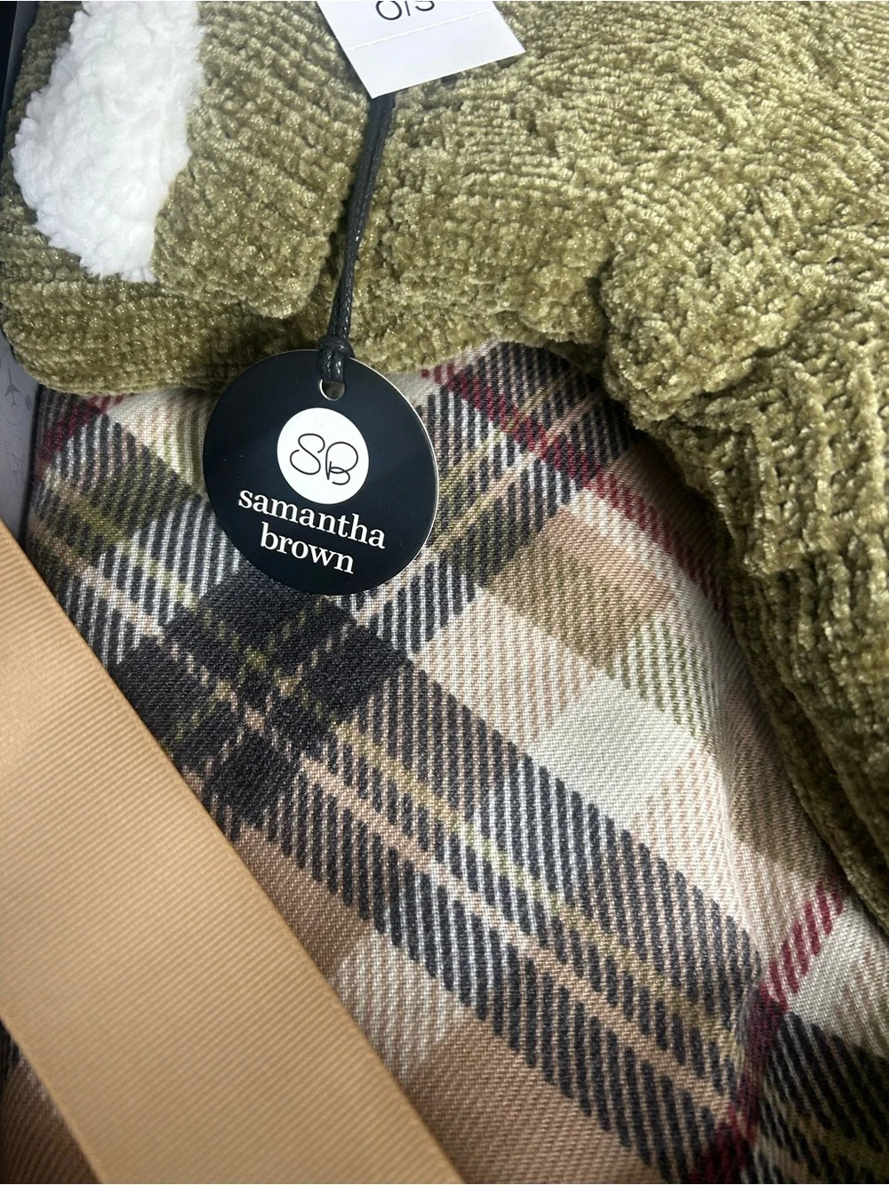 Samantha Brown Olive Chenille Slipper Socks and Scarf gift set